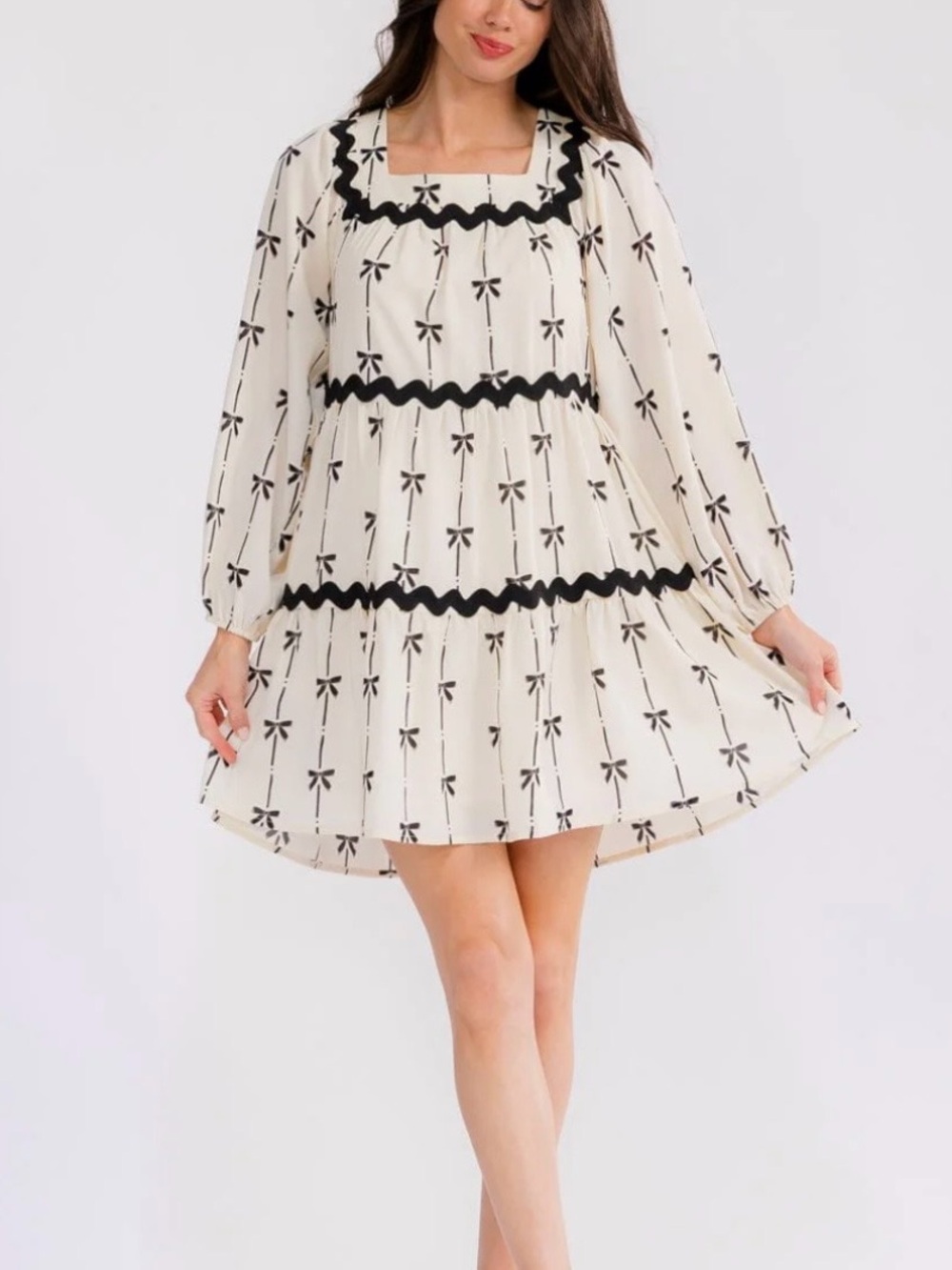 Cream and Black Bow Print Tiered Dress